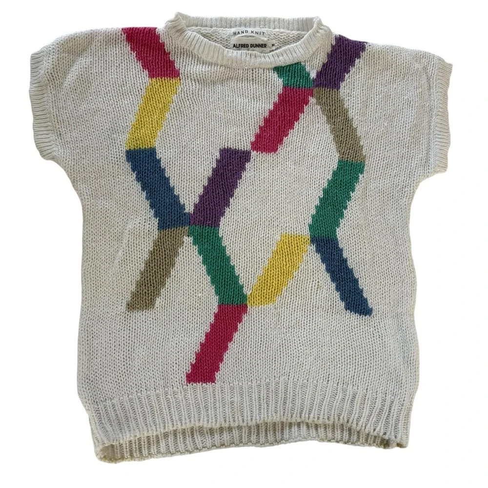 Alfred Dunner Vintage Hand Knit Sweater‎ Vest White Multi Geo Ramie Cotton M